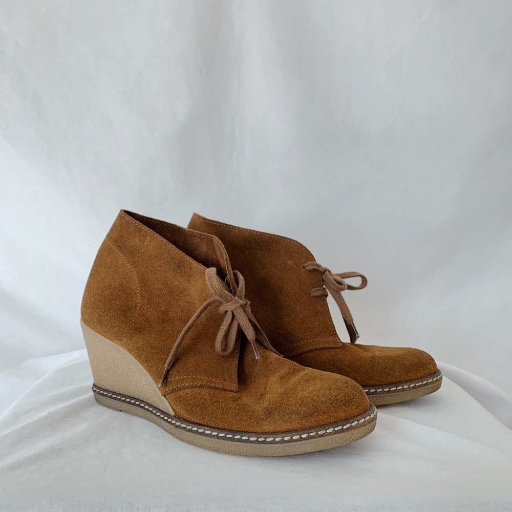 J. Crew Macalister Wedge Lace Up Suede Booties Size 7 in Camel